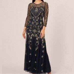 Adrianna Papell Navy and Gold Long Sleeve Gown size 8
